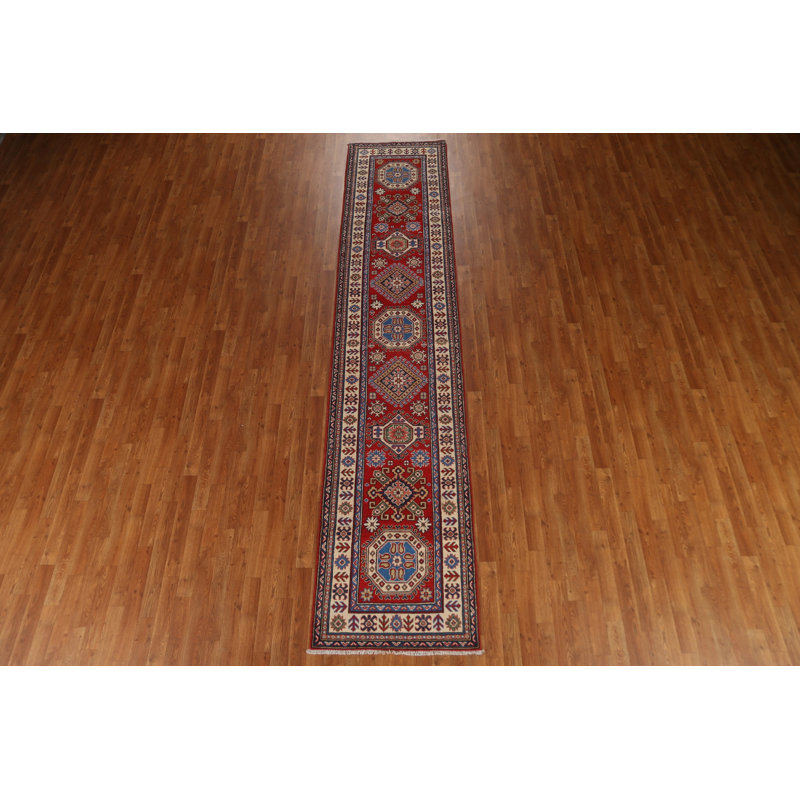 Tapis de couloir unique en laine noué à la main 2 pi 8 po x 12 pi 6 po nouvel âge en rouge / bleu / beige