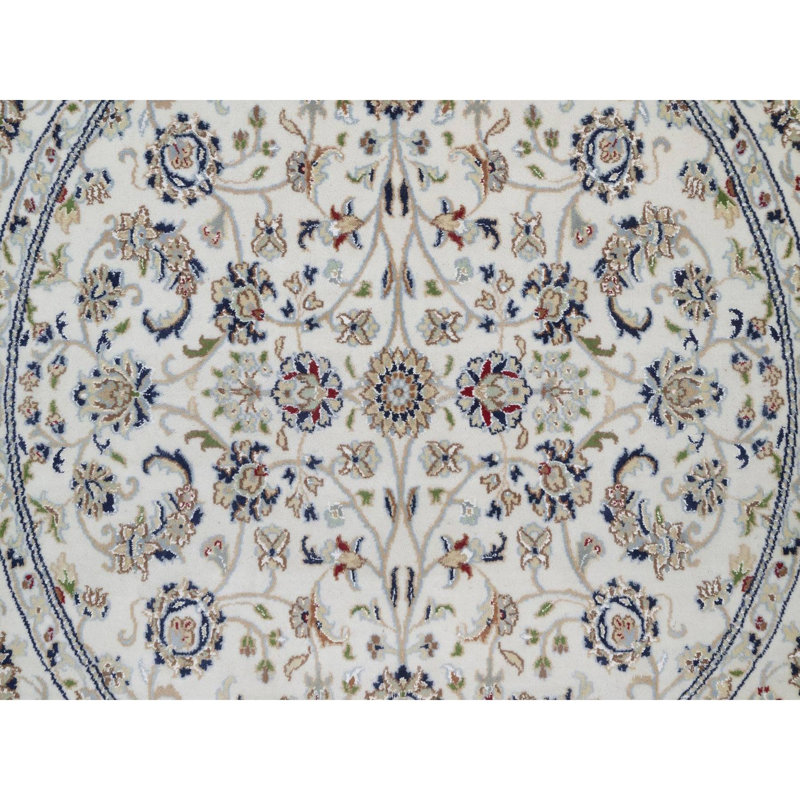 Tapis oriental rond noué à la main 5 pi 2 po x 5 pi 2 po Nain avec motif floral, laine et soie, 250 KPSI