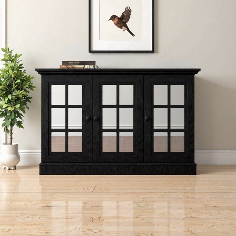 45" W Black Mirrored Buffet Cabinet with 3 Acrylic Doors - Compact Storage Sideboard w/Adjustable Shelves for Living Room, Kitchen or Dining Room