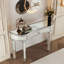 Console semi-circulaire de 47 pouces avec miroir pour chambre ou garde-robe, dotée d'un tiroir en verre cannelé et bouton en cristal, gris et argent, matériau en bois dur, table au design mince d'inspiration milieu du siècle.