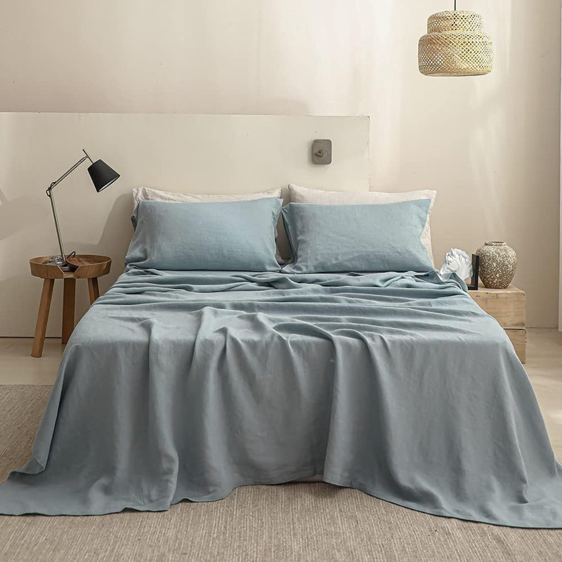 100% Linen Sheets Set, Twin Sheet Set with 1 Pillowcase, Dusty Blue