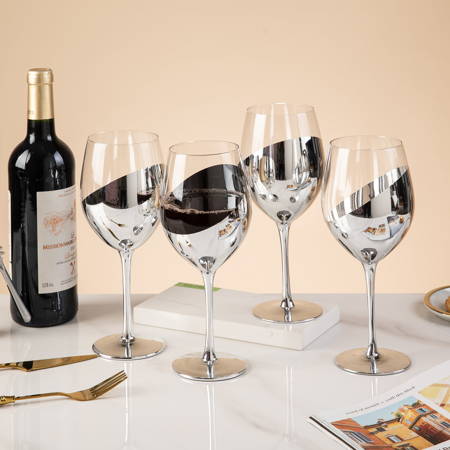 Godinger Silver Tone Wine Goblets Grape Vine Motif On Stems Set Of