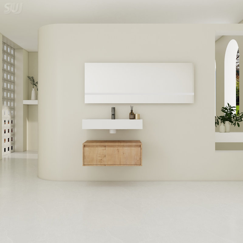 Meuble-lavabo mural de 30 po avec lavabo en résine, tiroir à fermeture en douceur et design flottant pour une élégance moderne