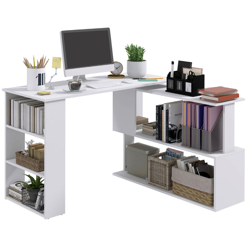 Bureau d'angle en L, bureau à domicile rotatif à 360 degrés avec tablettes de rangement, poste de travail de table d'écriture