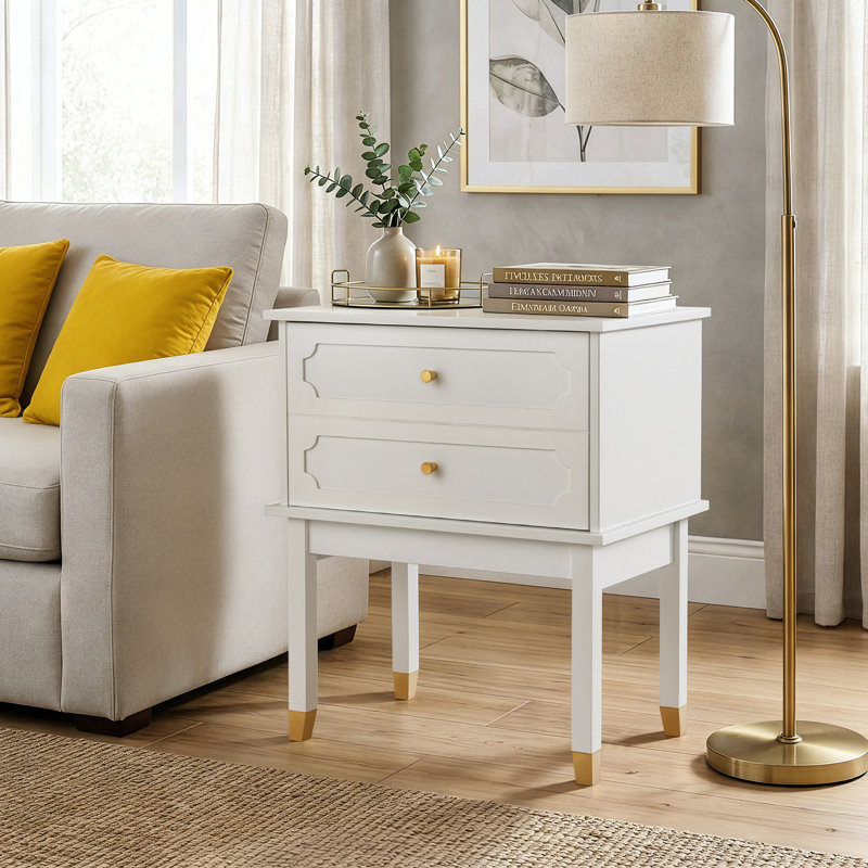 White P2 MDF Brottman Solid Wood Legs Faux 2 Drawers 23.6 Inch