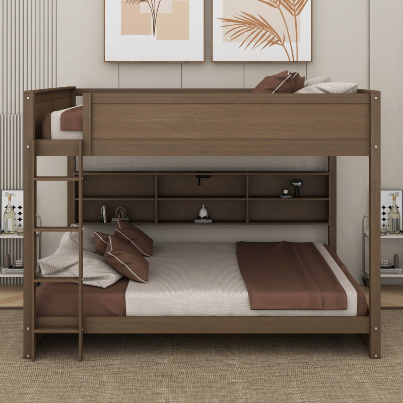 Queen Over Queen Bunk Bed With Cabinets And USB, Antique Wood