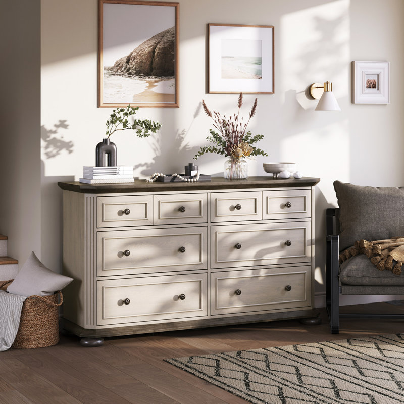 Commode à tiroirs l 54 po avec 6 très grands tiroirs, blanc antique