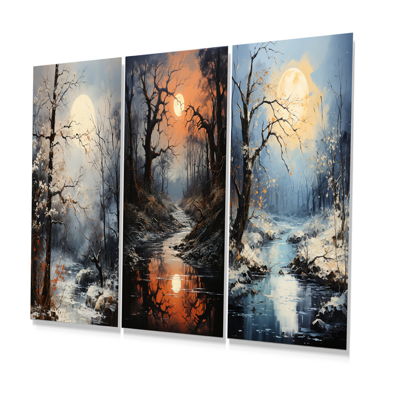 Moonlit Shadows In Winter - ensemble de 3 reproductions d'art mural en chêne, H 28 po x l 36 po