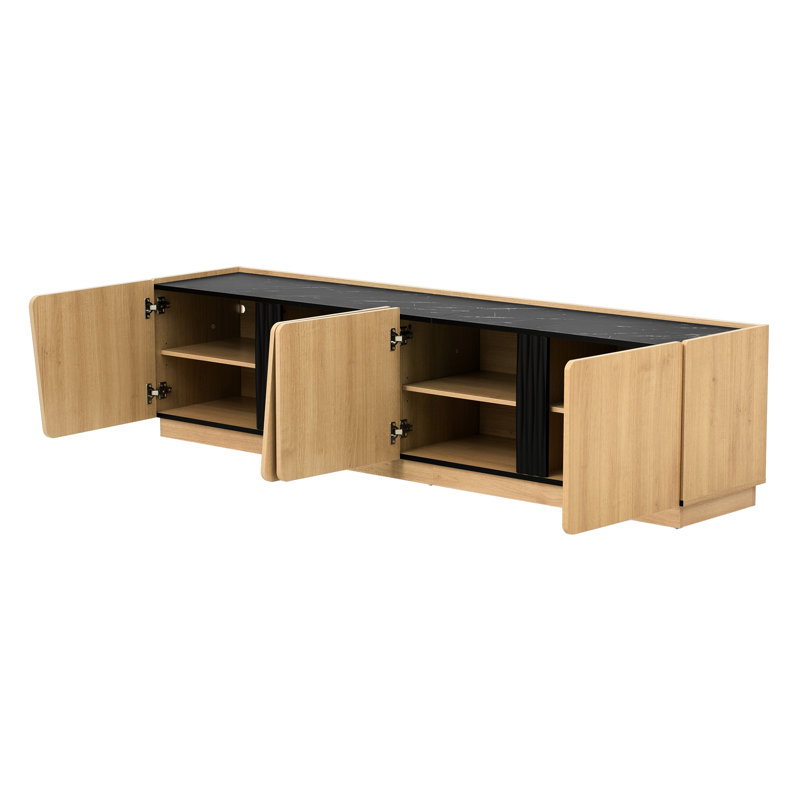 Modern Storage Cabinet with Rounded Corners, Marble Contrast Top & Adjustable Interior Shelves, Oak