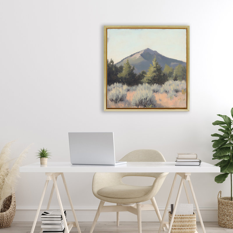Cadre flottant paysage de montagne Tucson, design par Petal Prints Design, H 25 po x l 25 po, Cadre flottant métallique doré
