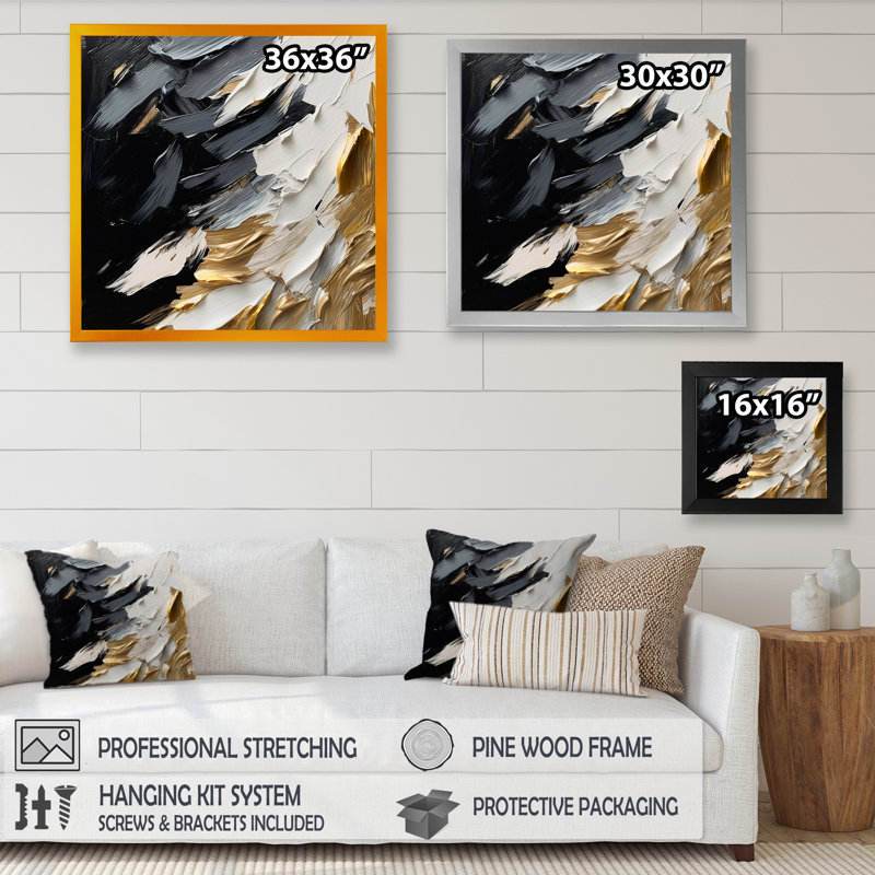 Golden Wave Reflections V - Art mural abstrait grand, Impression noire sur toile encadrée, H 36 po x l 36 po x P 1,5 po