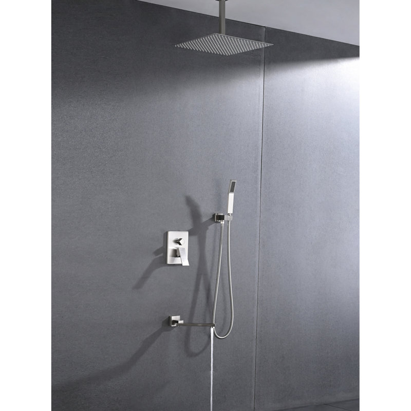 Douche en nickel brossé - fixation au plafond, acier inoxydable avec tête de 16 po et douchette pour une stabilité naturelle de la buse autonettoyante