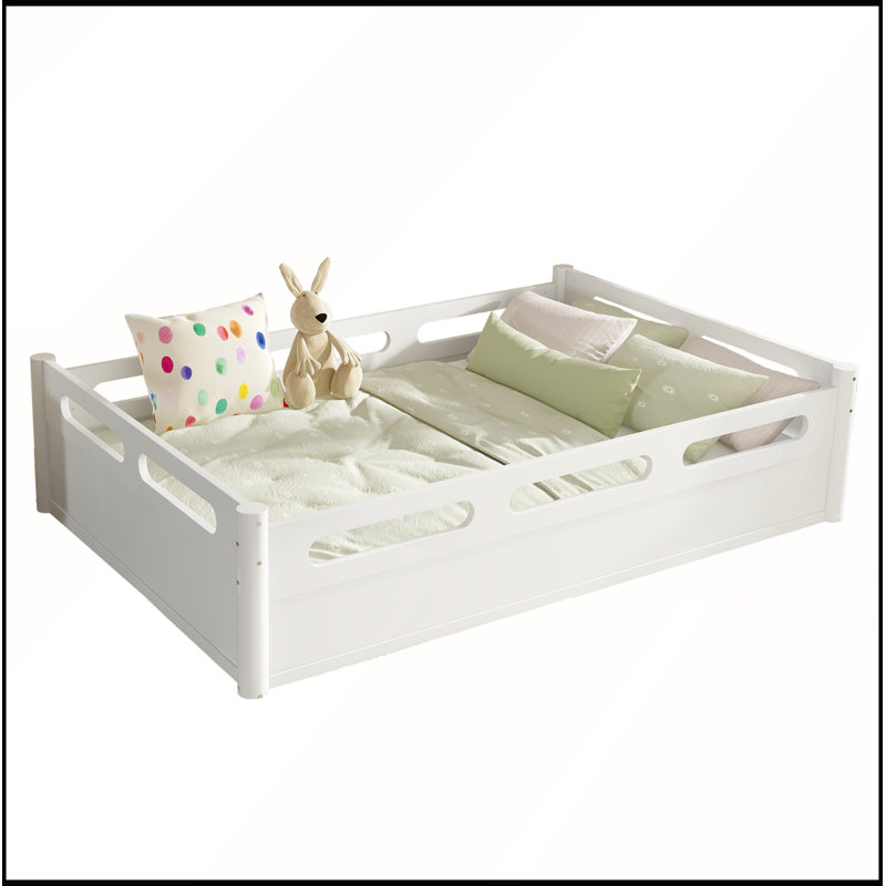 Full Size Floor Platform Bed with Full-length Guardrails, White, Full