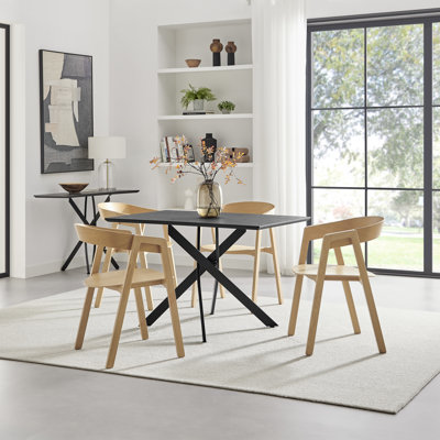 Aminata Veneer & Metal Round Dining Table With Arvey Oak Veneer Chairs - Modern Statement Design