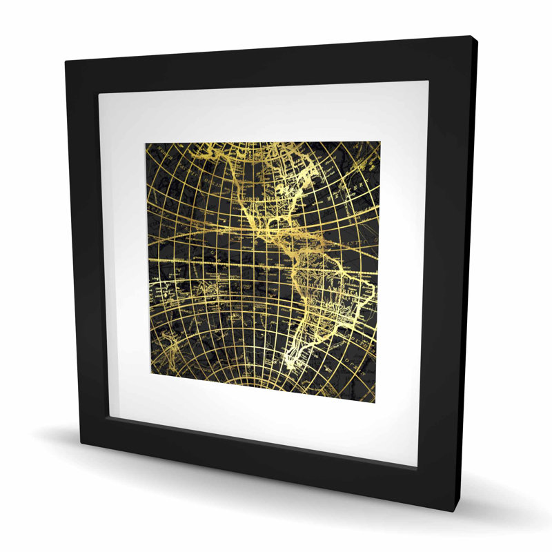 «Black and Marine World Map Globe», reproduction encadrée moderne