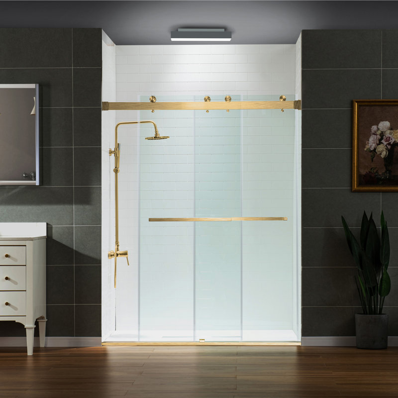 Portes de douche sans cadre de 56 à 60 po de largeur x 76 po de hauteur avec verre trempé transparent de 5/16 po (8 mm), double coulissement avec bandes d'étanchéité latérales