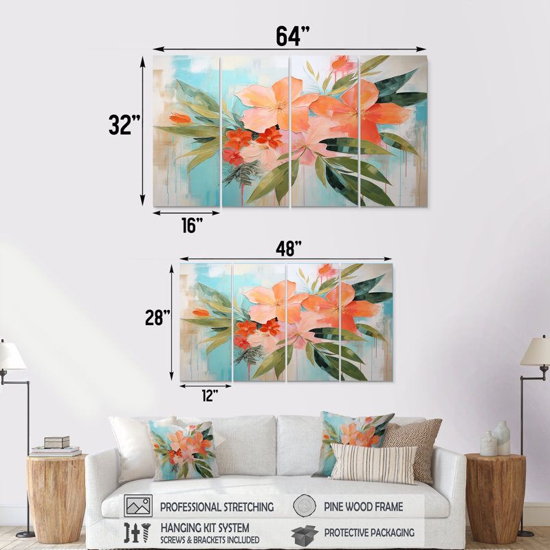 Ensemble de 4 décorations murales modernes roses et vertes - Collages abstraits, H 28 po x l 48 po