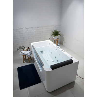67" Jetted Bathtub, 7 Jets, 89 Gallons, White - , , Comfortable Angle 750W Long, Hydro Massage, Seating, Tempered Glass Panel