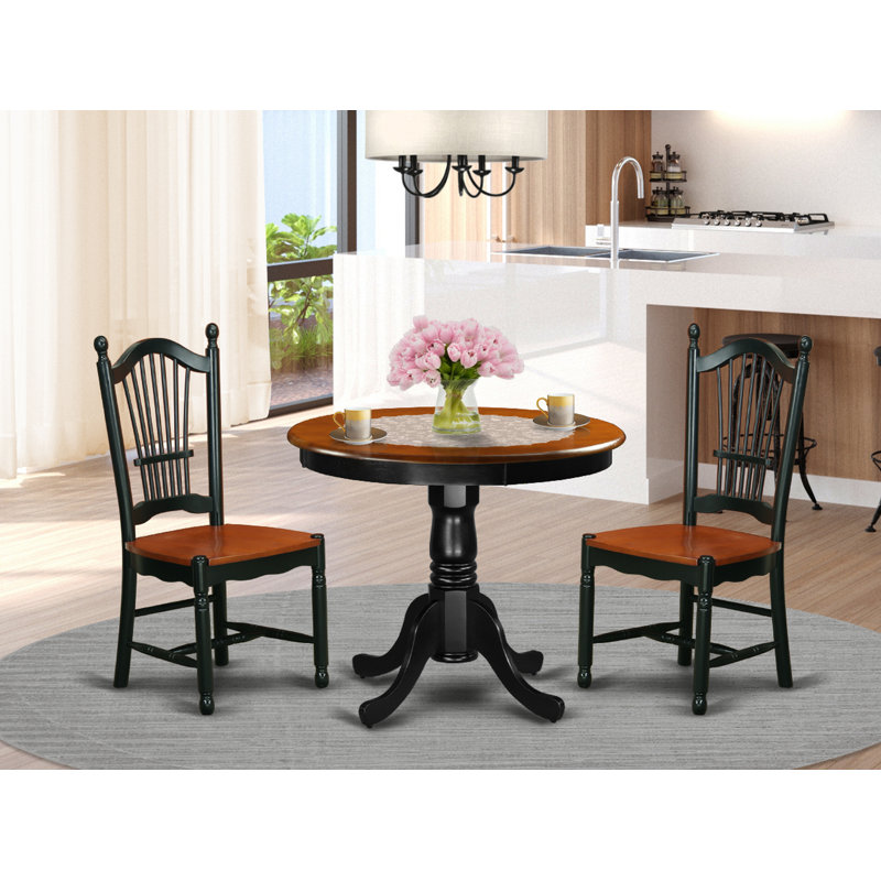 L'ensemble de table de salle à manger 3 pièces comprend une table ronde en bois avec piédestal et 2 chaises de cuisine, noir et cerise