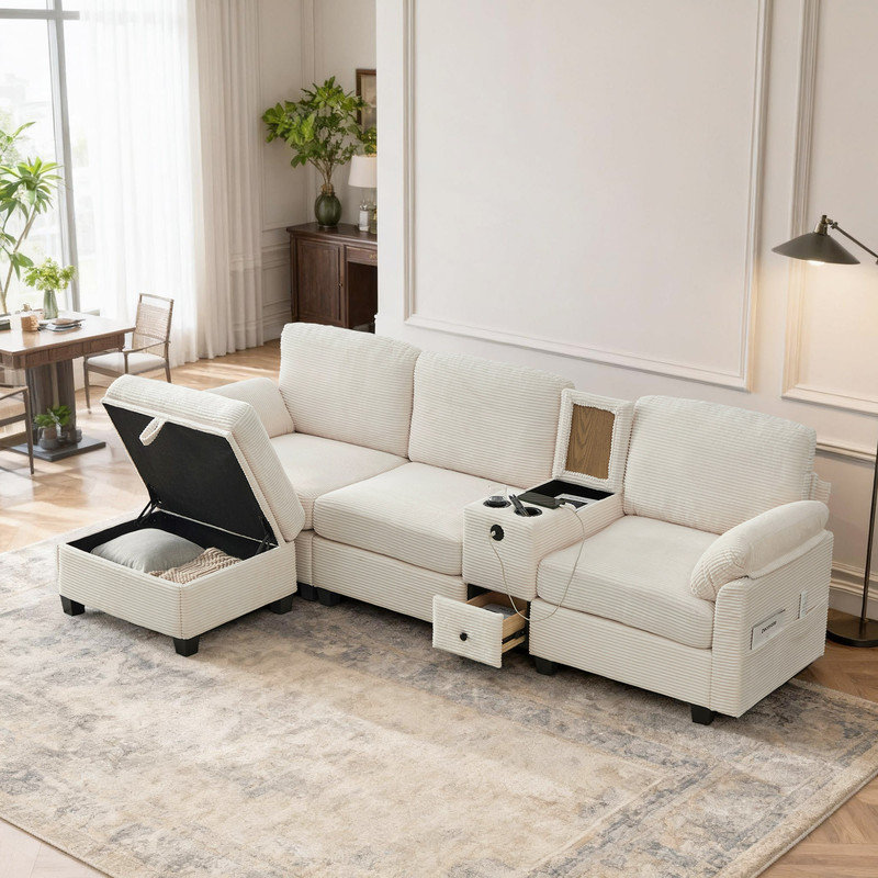 Latitude Run® Modern Corduroy Sectional Sofa with Storage Ottoman, Cup ...