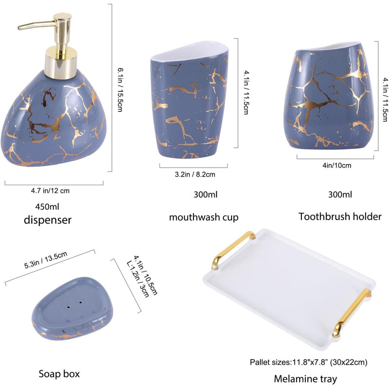6-Piece Modern Ceramic Bathroom Set: Soap Dispenser, Toothbrush Holder, Tumbler, Tray, Grey