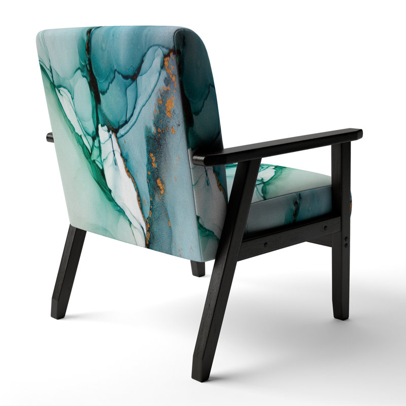 Fauteuil d'appoint rembourré abstrait «Giliane - Turquoise et marbre vert», Accoudoirs carrés noirs