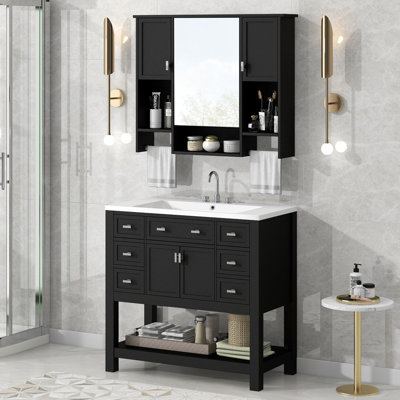 Ensemble de meuble-lavabo moderne avec miroir en céramique et bois massif Elegant Storage Solution