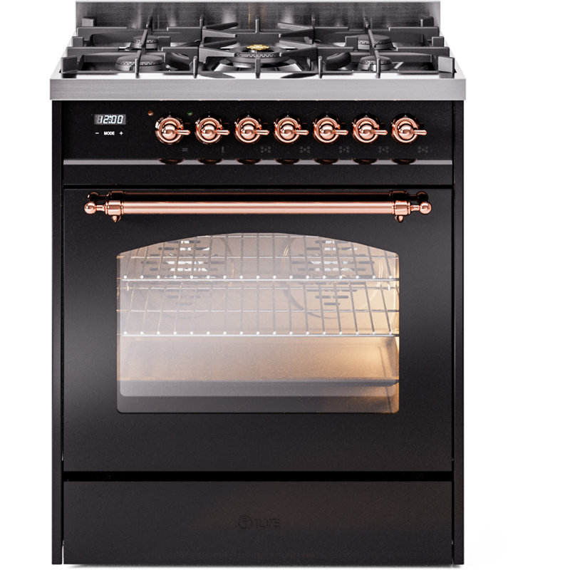 ILVE Nostalgie II 30 in Dual Fuel Range, Glossy Black/Copper, Natural Gas