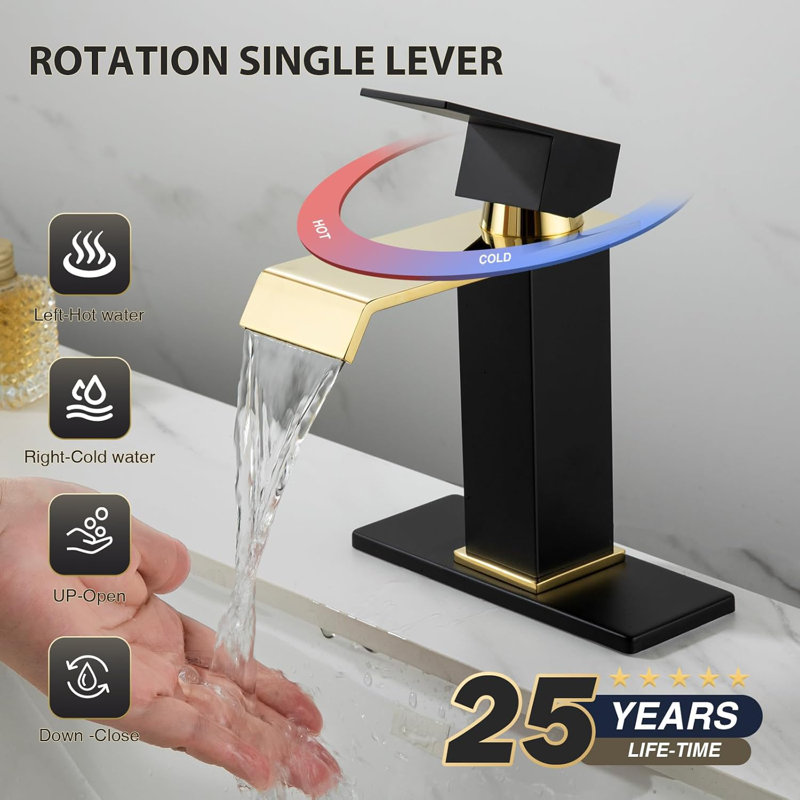 Matte Black & Gold Modern Bathroom Faucet, Single Handle Waterfall Sink Faucet with Swivel Spout, for 1 or 3 Hole Installation