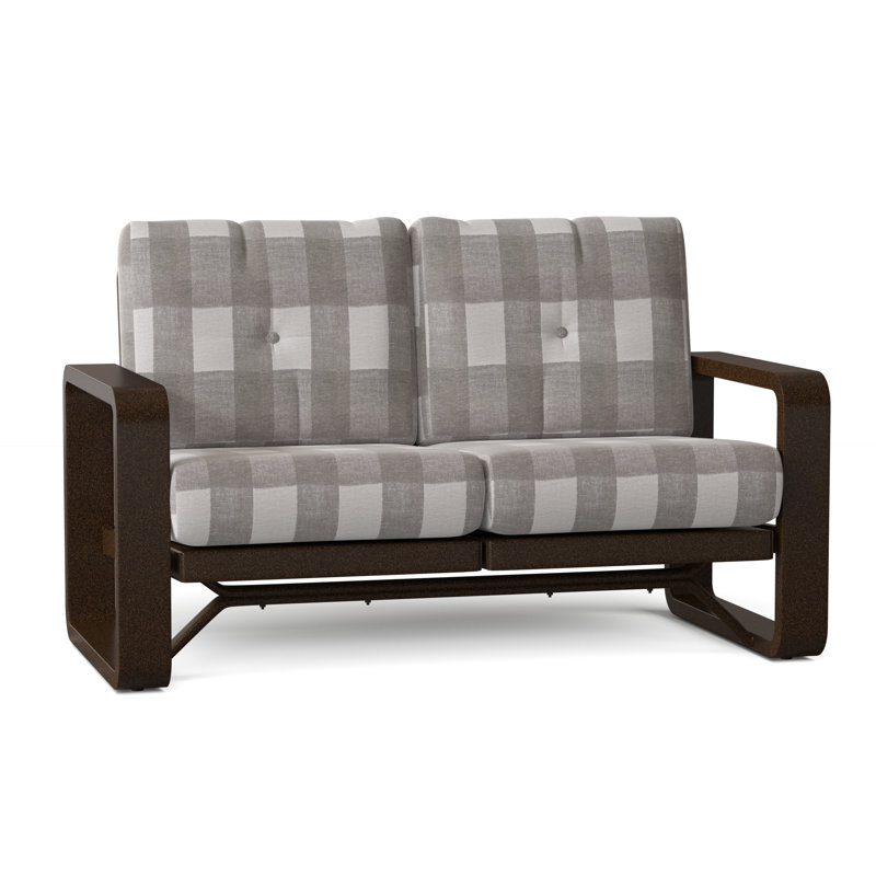 Vale 60.5'' Wide Aluminum Loveseat with Cushions, Chestnut Brown, Brannon Whisper Blue Stripe Sunbrella®