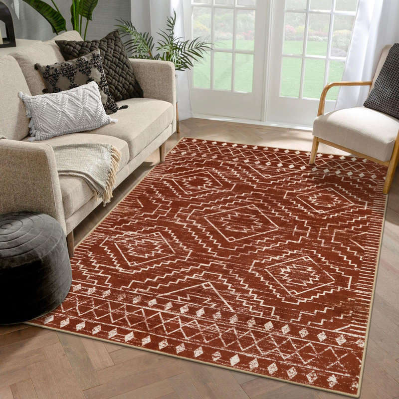 Tribal Geometric Washable Area Rug for Living Room & Bedroom, Non-Slip Moroccan Rug, Rectangle 5' x 7'
