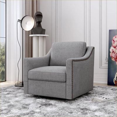 Fauteuil d'appoint pivotant à 360 degrés pour adultes, fauteuil ergonomique en lin de coton doux pour la peau, siège décoratif en laiton à garniture cloutée pour la chambre à coucher du salon