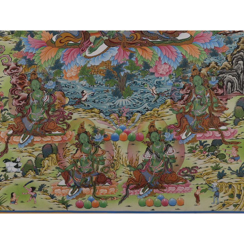 «Tara verte - déesse de la protection et de la prospérité», peint à la main Thangka | Toile de coton H 36,2 po x l 24,4 po avec feuille d'or véritable 24 carats