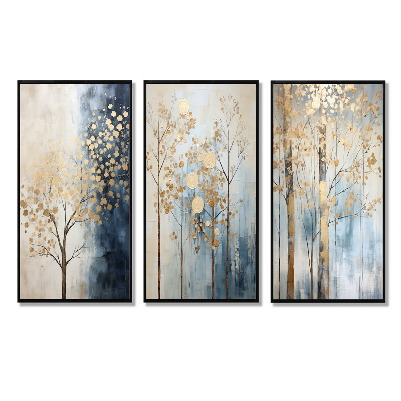 Or et bleu, trésors, paysages, arbres, ensemble de 3 impressions sur toile, Cadre flottant noir, H 28 po x l 36 po
