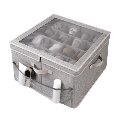Fabric Shoe Storage Box with Adjustable Dividers and Lid, 16-Compartment Organizer for Shoes, Towels, Clothes, Toys