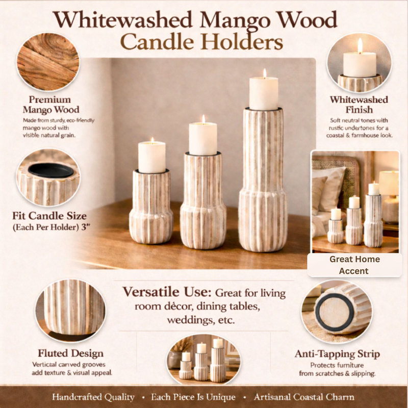Wood Candle Holder | Decorative Wooden Candle Stand | Whitewash Finish | 4x12 inches, 12" H X 4" W X 4" D
