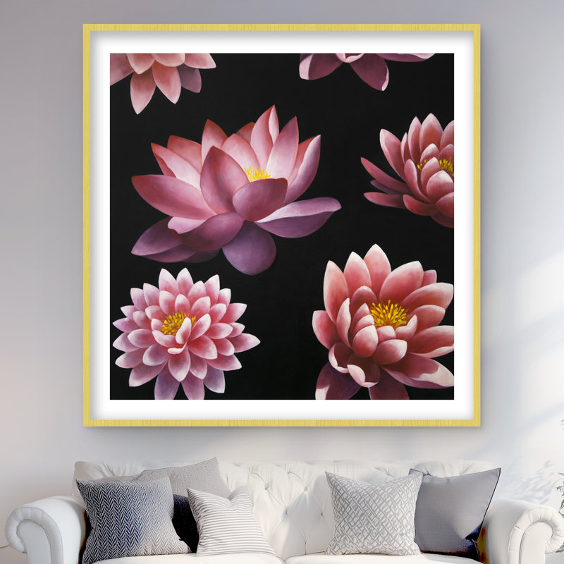 Motif de fleur de lotus - imprimé floral encadré rose mat, H 48 po x l 48 po, Doré