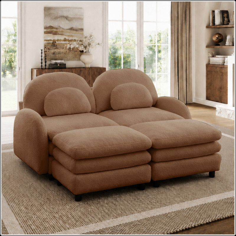 Canapé modulaire en tissu à deux places avec repose-pieds et repose-pieds ergonomique Cloud-Like, Orange Teddy