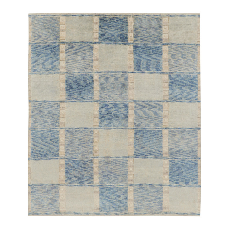 Rug & Kilim’S Scandinavian Rug In Blue And Cream With Geometric Patterns, Rectangle 10' x 14'