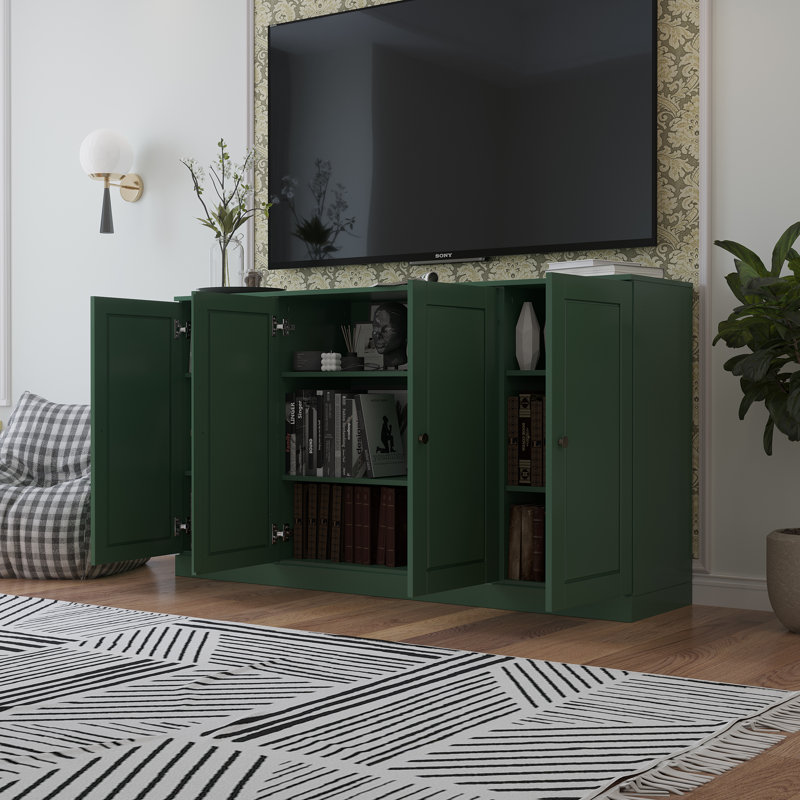 Meuble télé 100% bois massif, console de 65 po de large avec portes à panneau surélevé et rangement, Vert