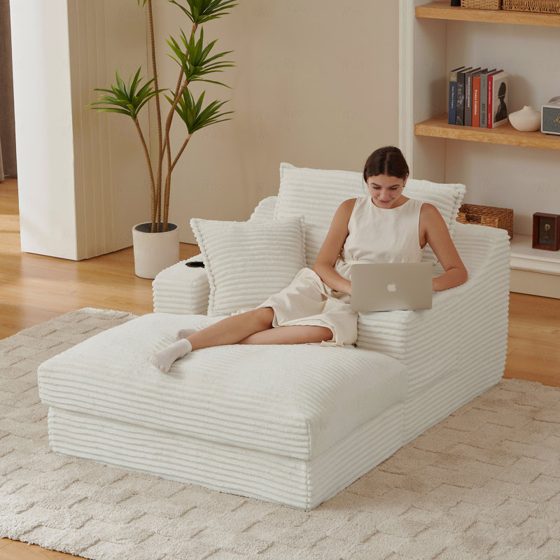 Chaise longue en velours côtelé de 47,24 po avec porte-gobelets et poches de rangement
