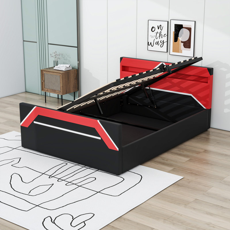 Lit de jeu avec tête d'éclairage DEL intégrée, Noir rouge