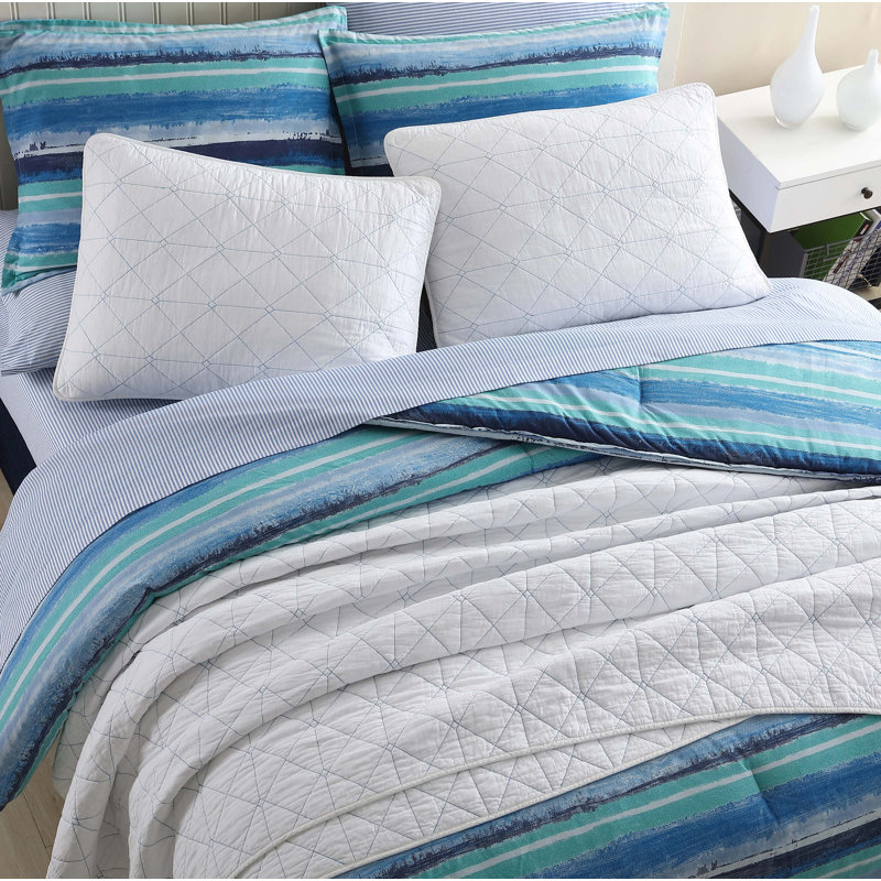 Full Blue Cotton Reversible Nautical Comforter Set