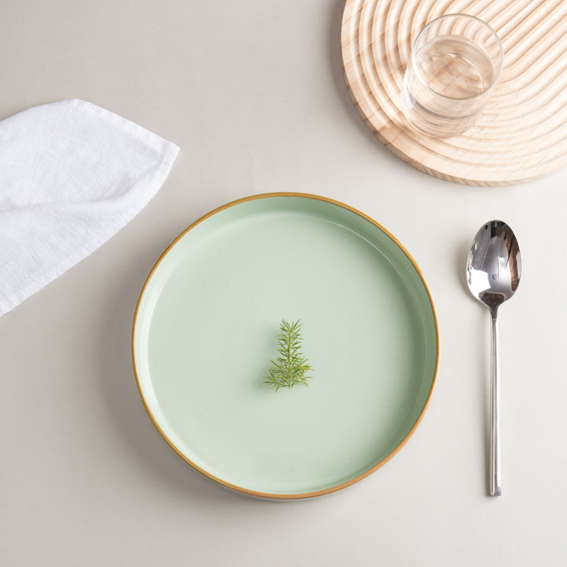  Nebula 4-Piece Stoneware Pasta Bowl Set, Light Green with Brown Rim