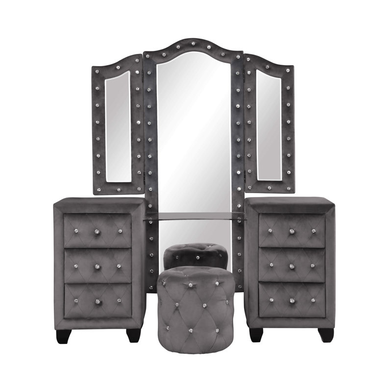 Ensemble de meuble-lavabo capitonné en cristal de style moderne avec 6 tiroirs et tabouret, fini en velours de bois, Gris