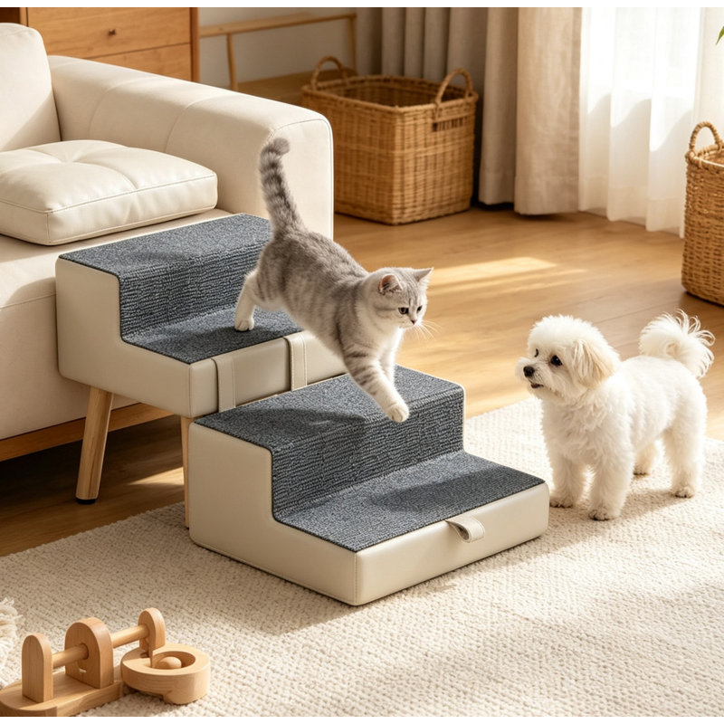 Marche-pieds convertibles gris pâle pour animaux de compagnie, rampe pliable en bois et PVC pour chiens, escalier d'intérieur antidérapant pour chiots et chats