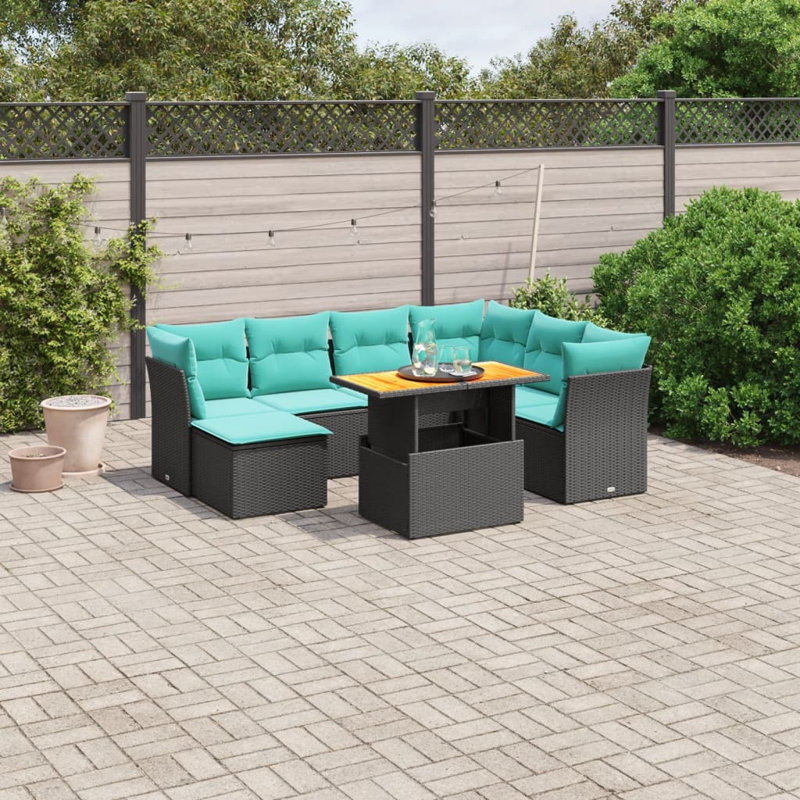 Ensemble de canapé de patio 8 pièces avec coussins en rotin de polyester, Bleu clair, Noir