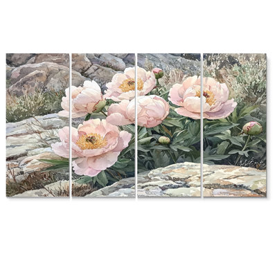 Pivoines dans les contreforts rocheux II - art mural pivoines - ensemble d'art mural traditionnel Wa