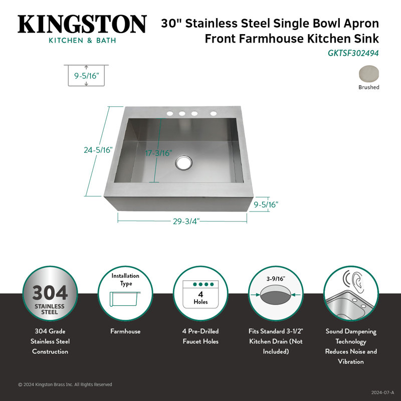 Évier de cuisine à cuve simple à tablier frontal en acier inoxydable 30 pouces Kingston Brass Edinburg, 4 trous