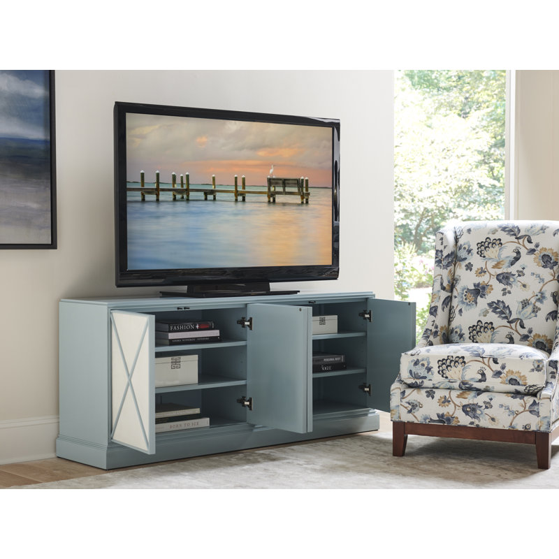 Pale Blue Transitional Media Console with Faux Shagreen Fronts
